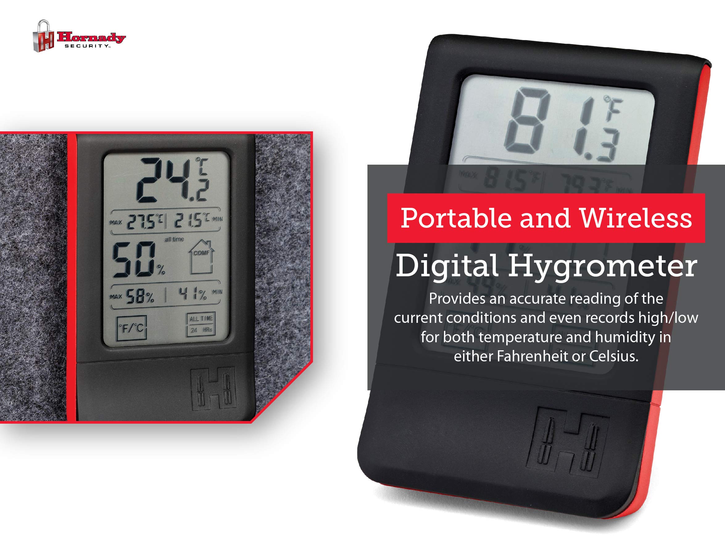 Hornady hygrometer screen showing min and max readings to track condition changes