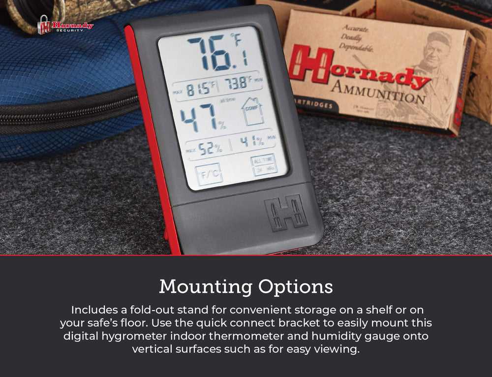 Hornady hygrometer on workbench near tools to protect metal gear from moisture