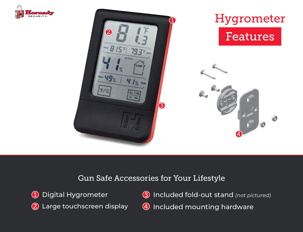 Hornady hygrometer beside AAA batteries to show compact size and power convenience