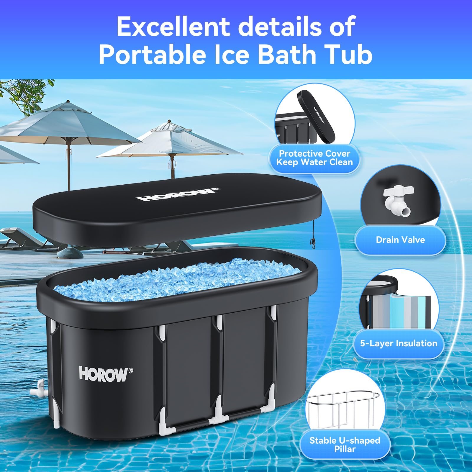 HOROW XL user seated in tub showing comfortable full‑body immersion
