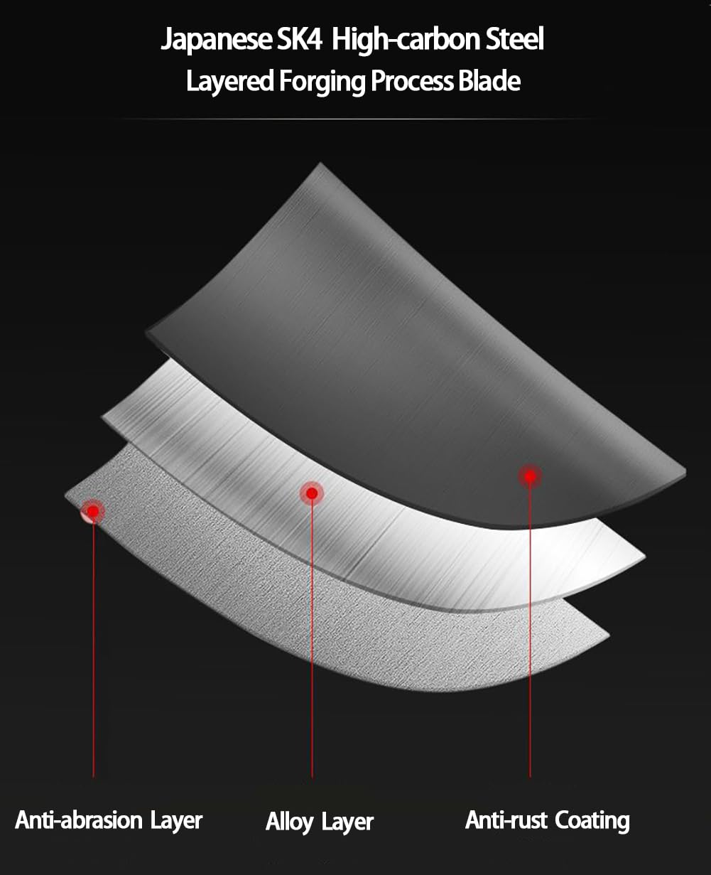 Horsvill close-up of SK4 high-carbon blade highlighting hardness and clean cutting performance
