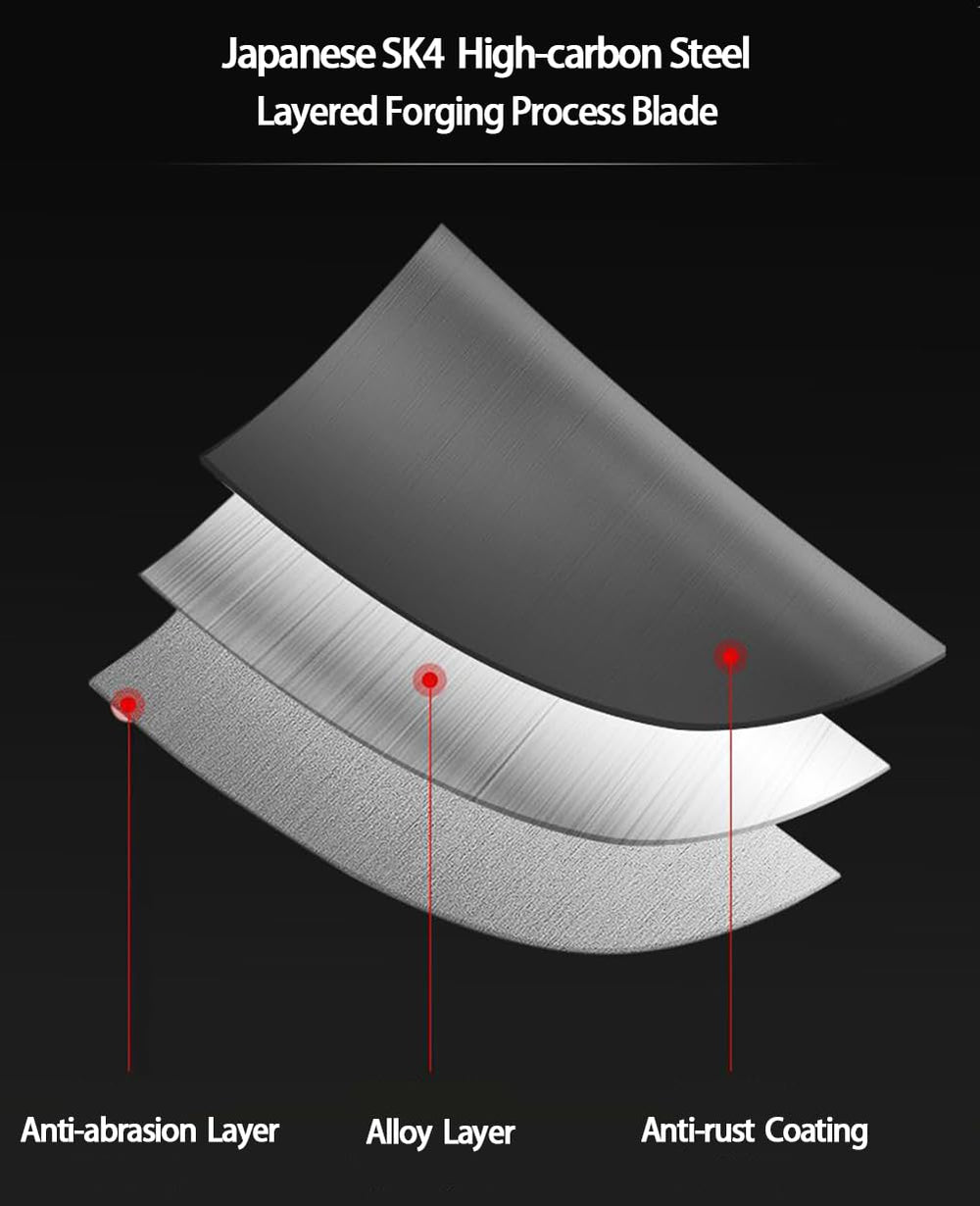 Horsvill close-up of SK4 high-carbon blade highlighting hardness and clean cutting performance
