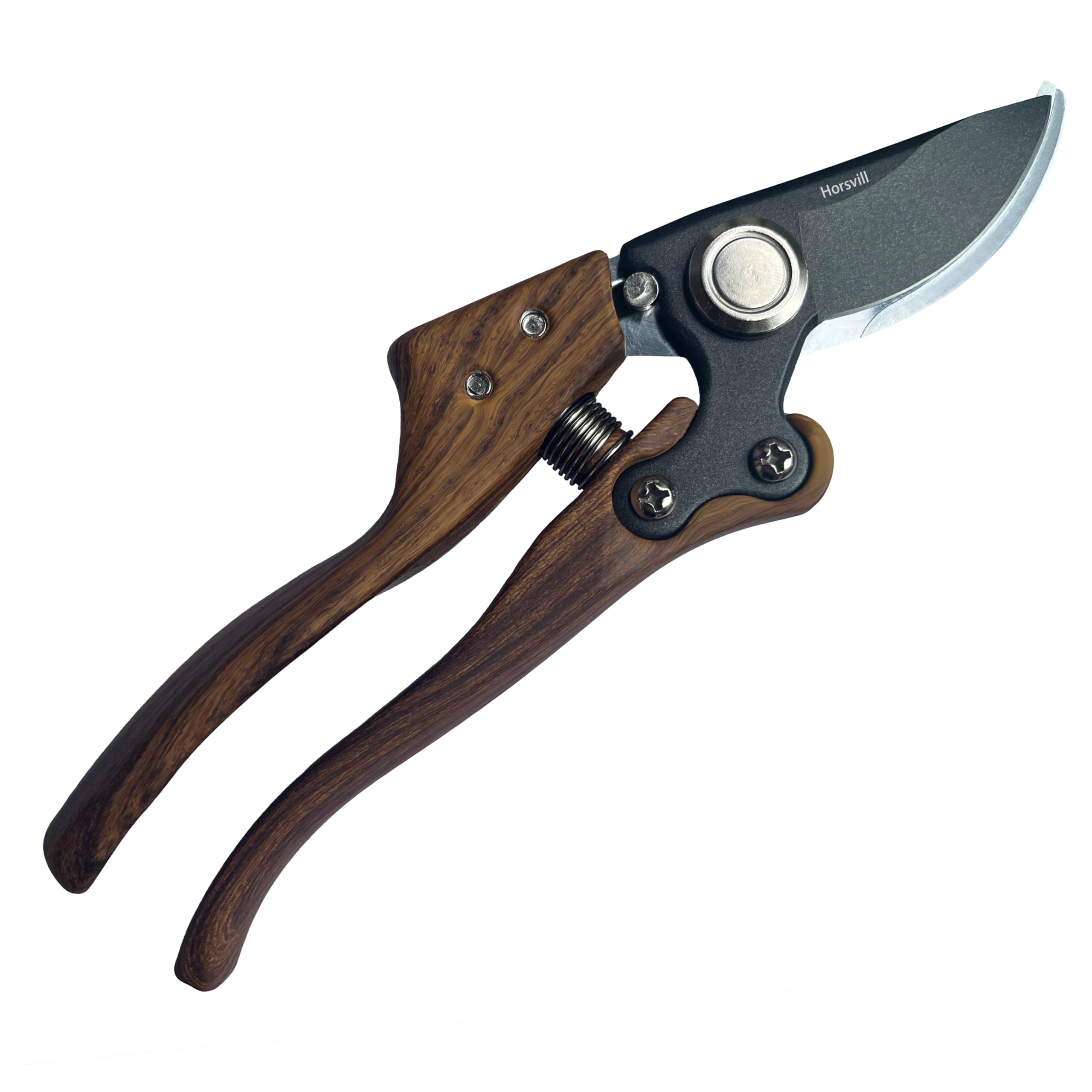 Horsvill front view of garden shears showing overall design and wood black finish for reliable trimming