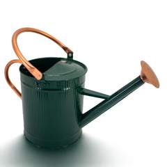 HORTICAN front view of dark green metal watering can showing shape and spout, attractive and functional