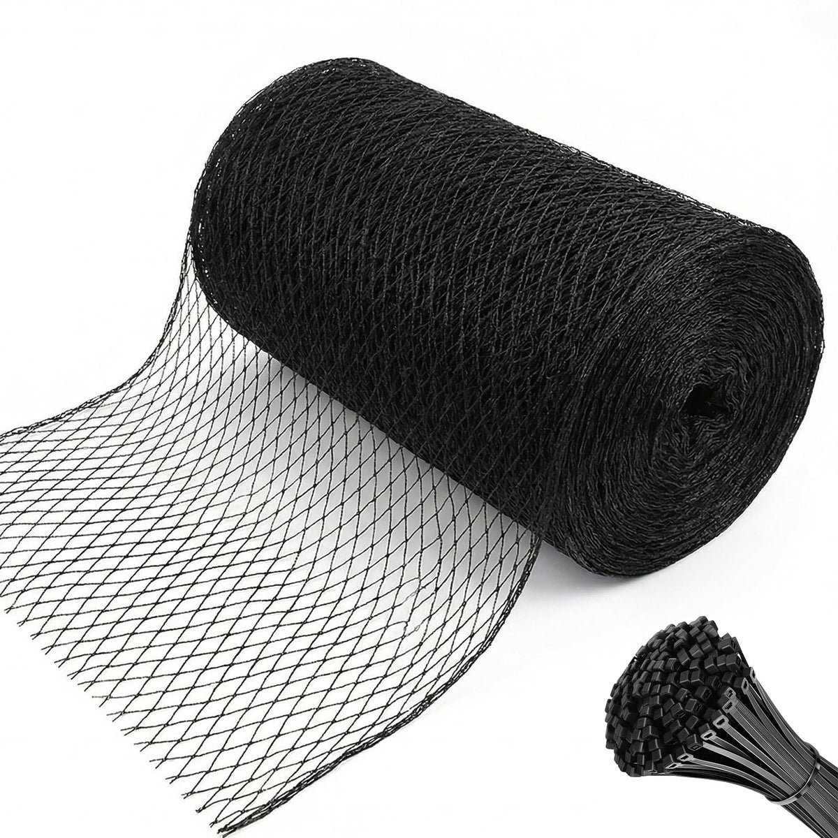 HORTIFAN front packaging showing rolled 7.5x65 ft netting and included zip ties benefits protection