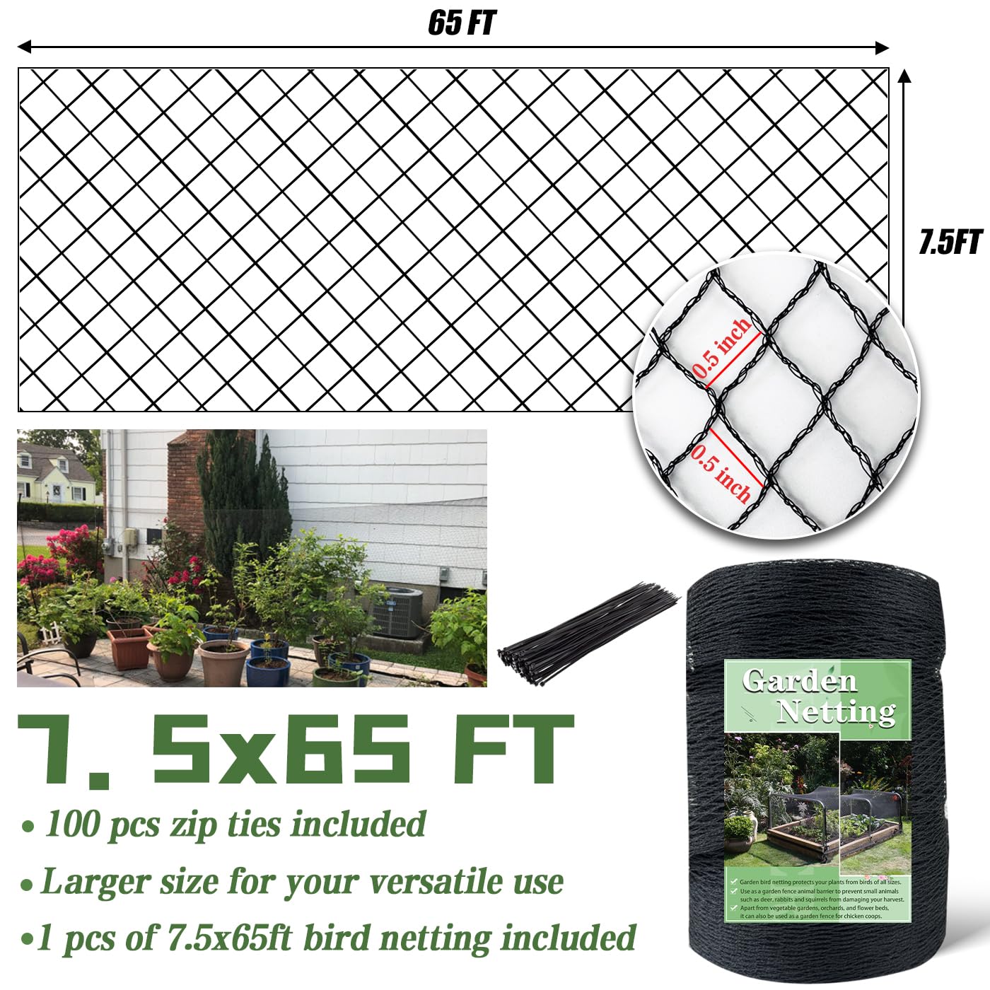 HORTIFAN included 100 zip ties securing net edges for quick installation and stable hold