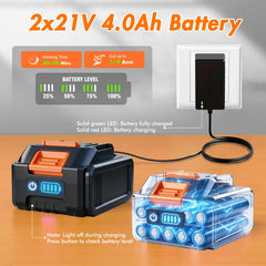 HortiHub two 4.0Ah batteries and charger displayed for continuous yard work