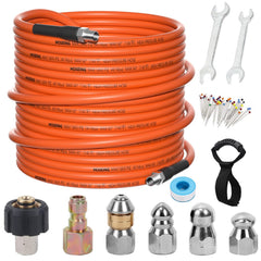 HOSEING front-view of sewer jetter kit box showing included components and benefits
