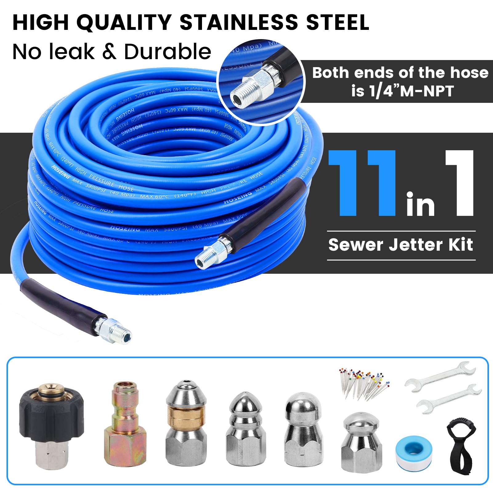 HOSEING hose beside measuring tape showing 100ft reach advantage