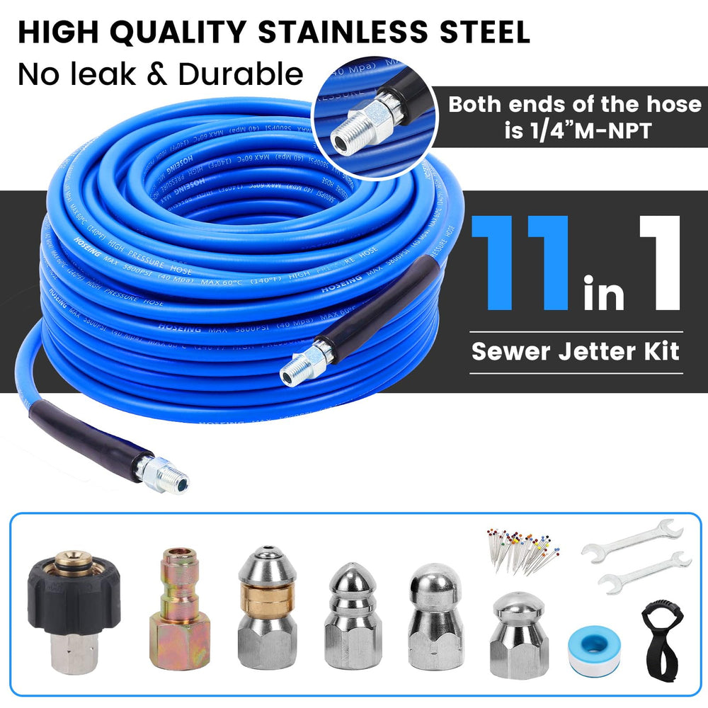 HOSEING hose beside measuring tape showing 100ft reach advantage