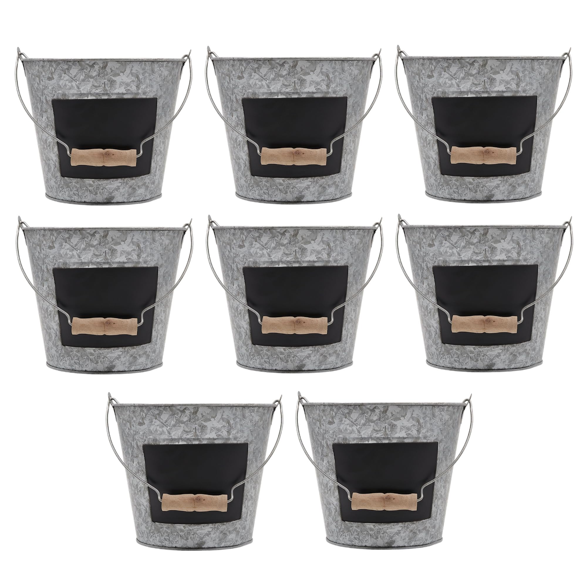 Hosley front view of set of eight buckets showing rustic appeal and versatile decor use
