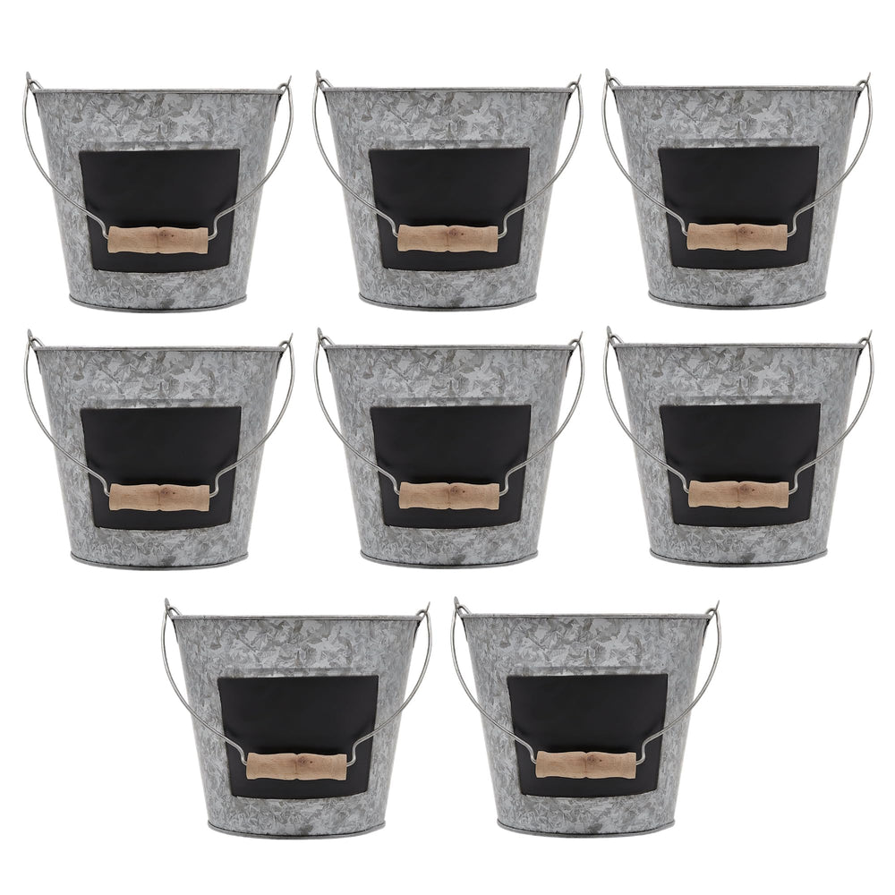 Hosley front view of set of eight buckets showing rustic appeal and versatile decor use