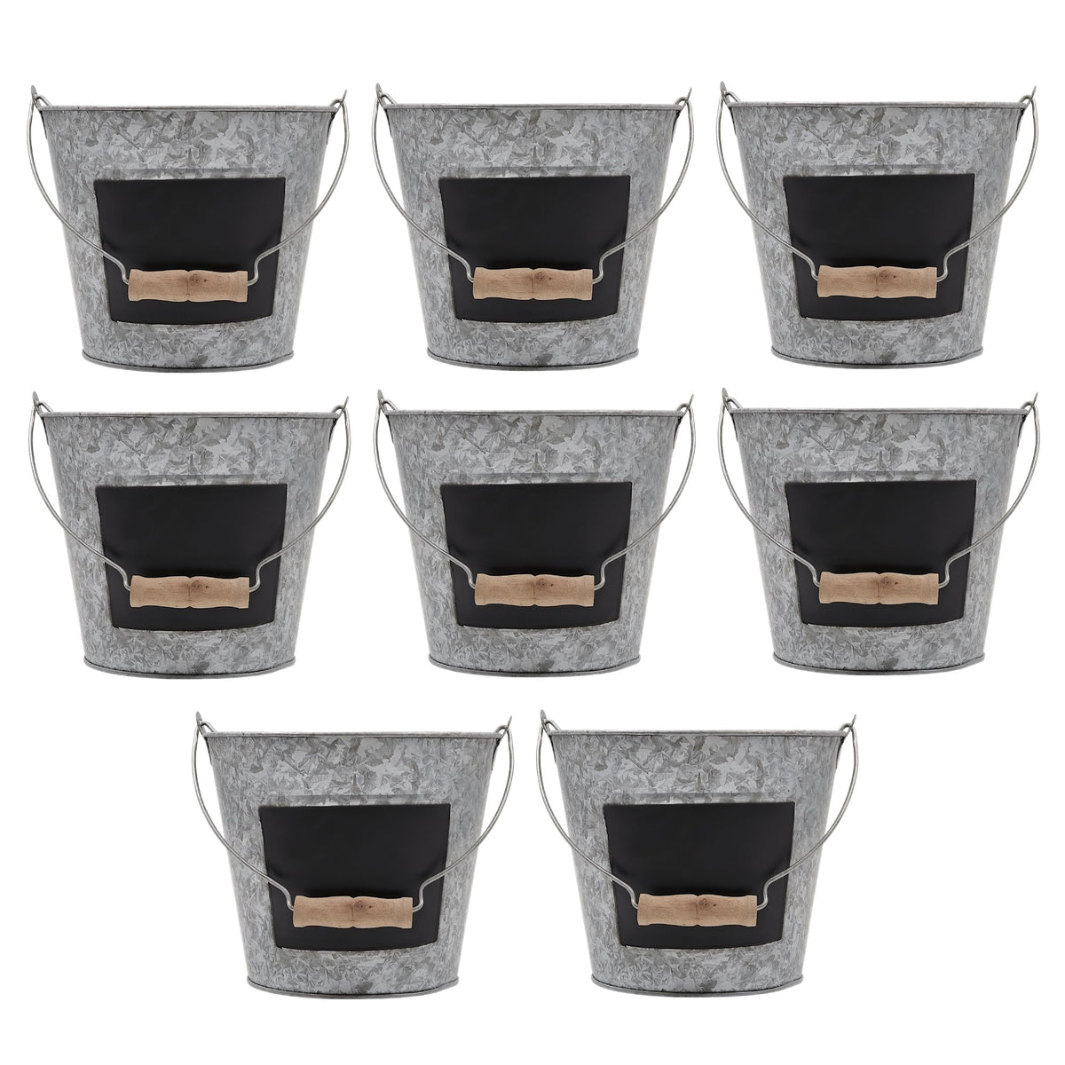 Hosley front view of set of eight buckets showing rustic appeal and versatile decor use