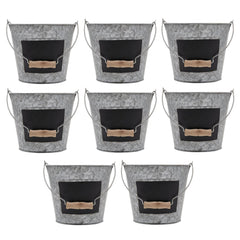 Hosley front view of set of eight buckets showing rustic appeal and versatile decor use