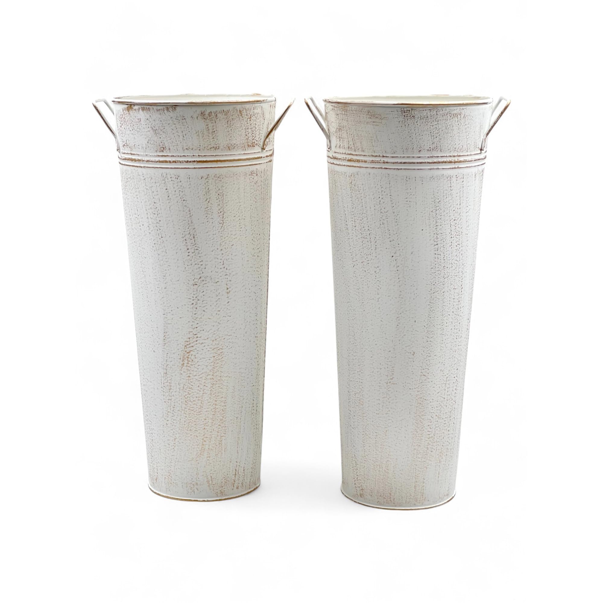 Hosley front view of white metal French bucket showing rustic finish and charm