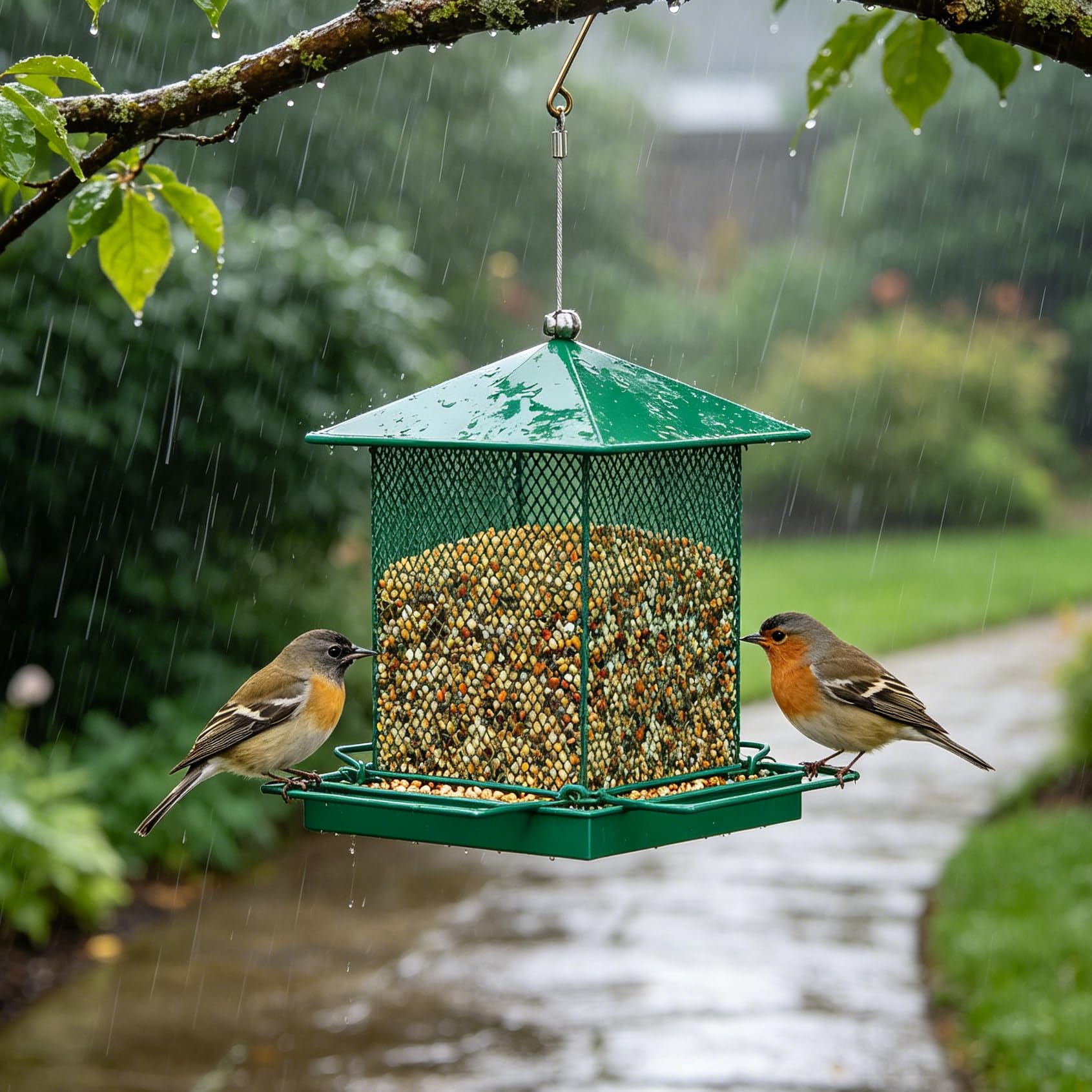 HOSUN breathable mesh base showing drainage to keep birdseed dry and fresh