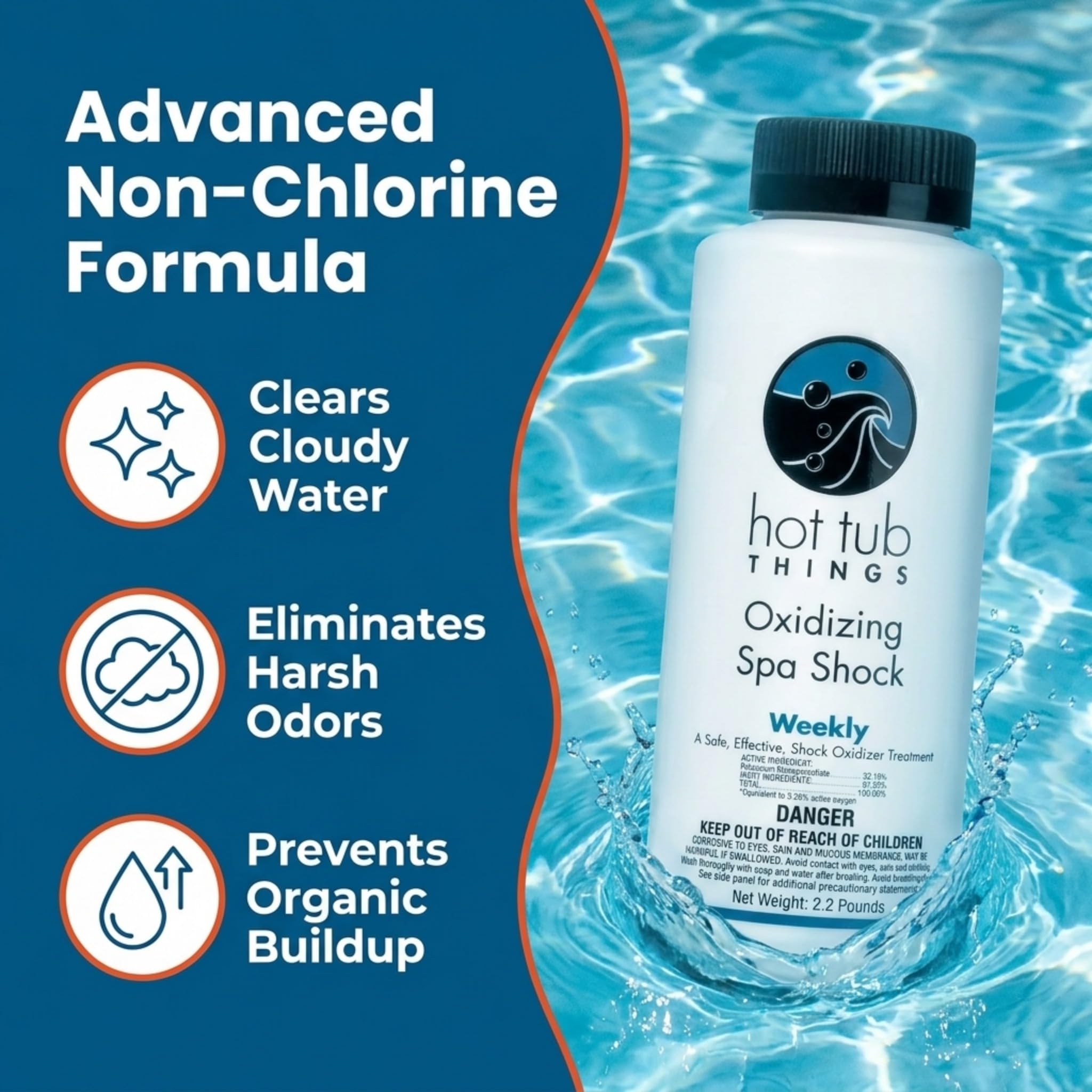 Hot Tub Things pour spout and granules showing controlled dispensing to avoid waste