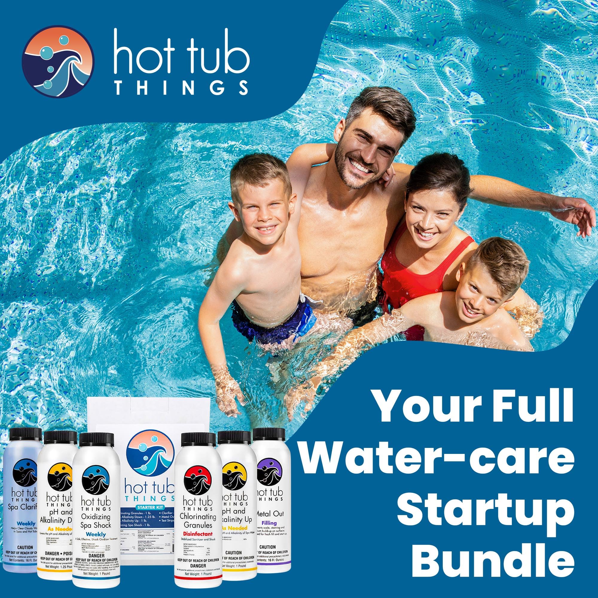 Hot Tub Things clarifier and stain & buildup prevention bottles protecting spa surfaces