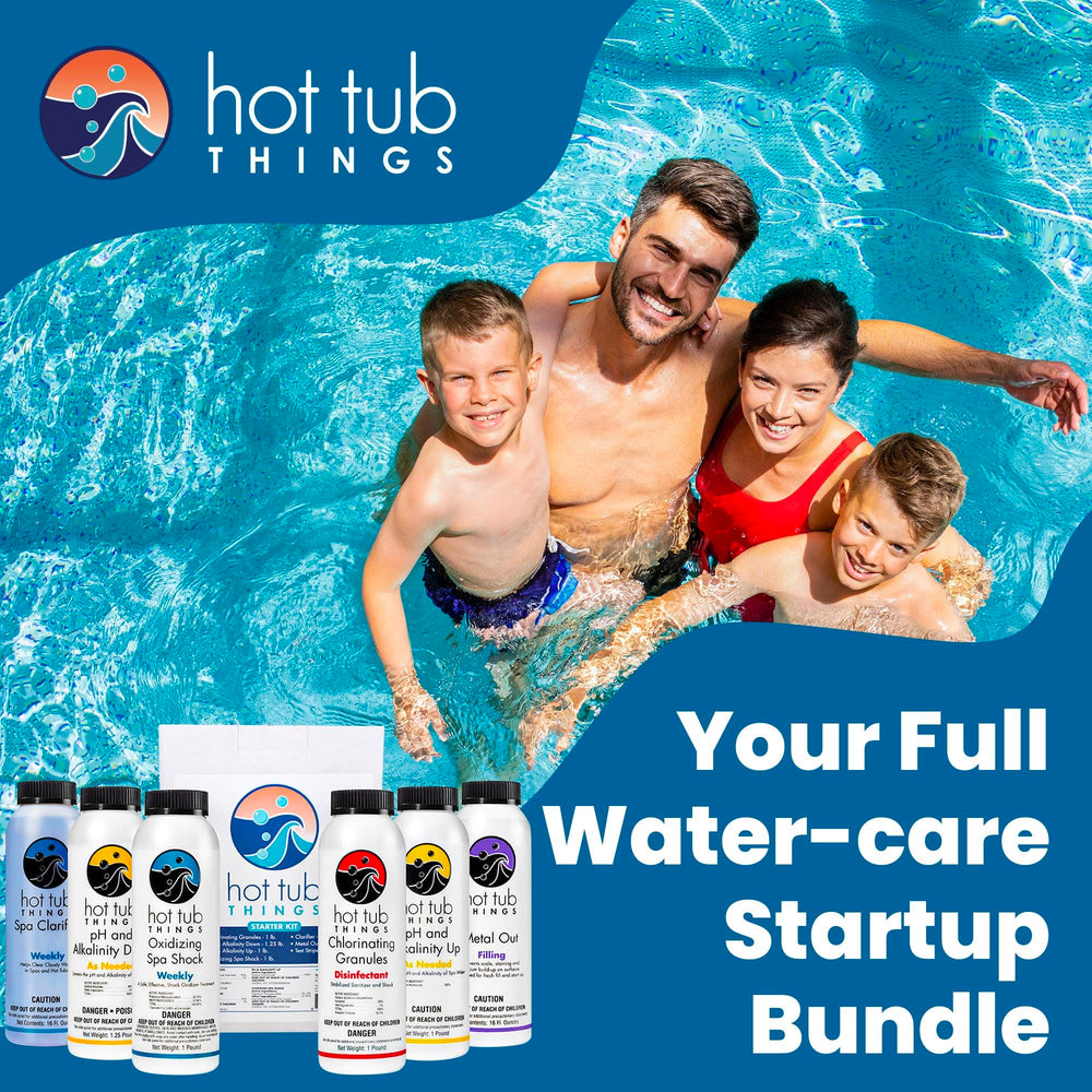 Hot Tub Things clarifier and stain & buildup prevention bottles protecting spa surfaces