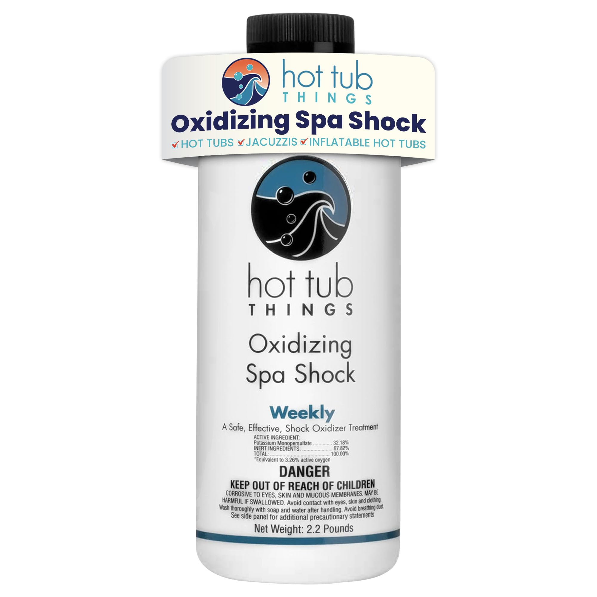Hot Tub Things front packaging showing 2.2 lb oxidizing shock for clear water benefits