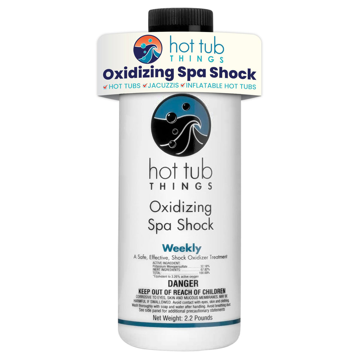 Hot Tub Things front packaging showing 2.2 lb oxidizing shock for clear water benefits