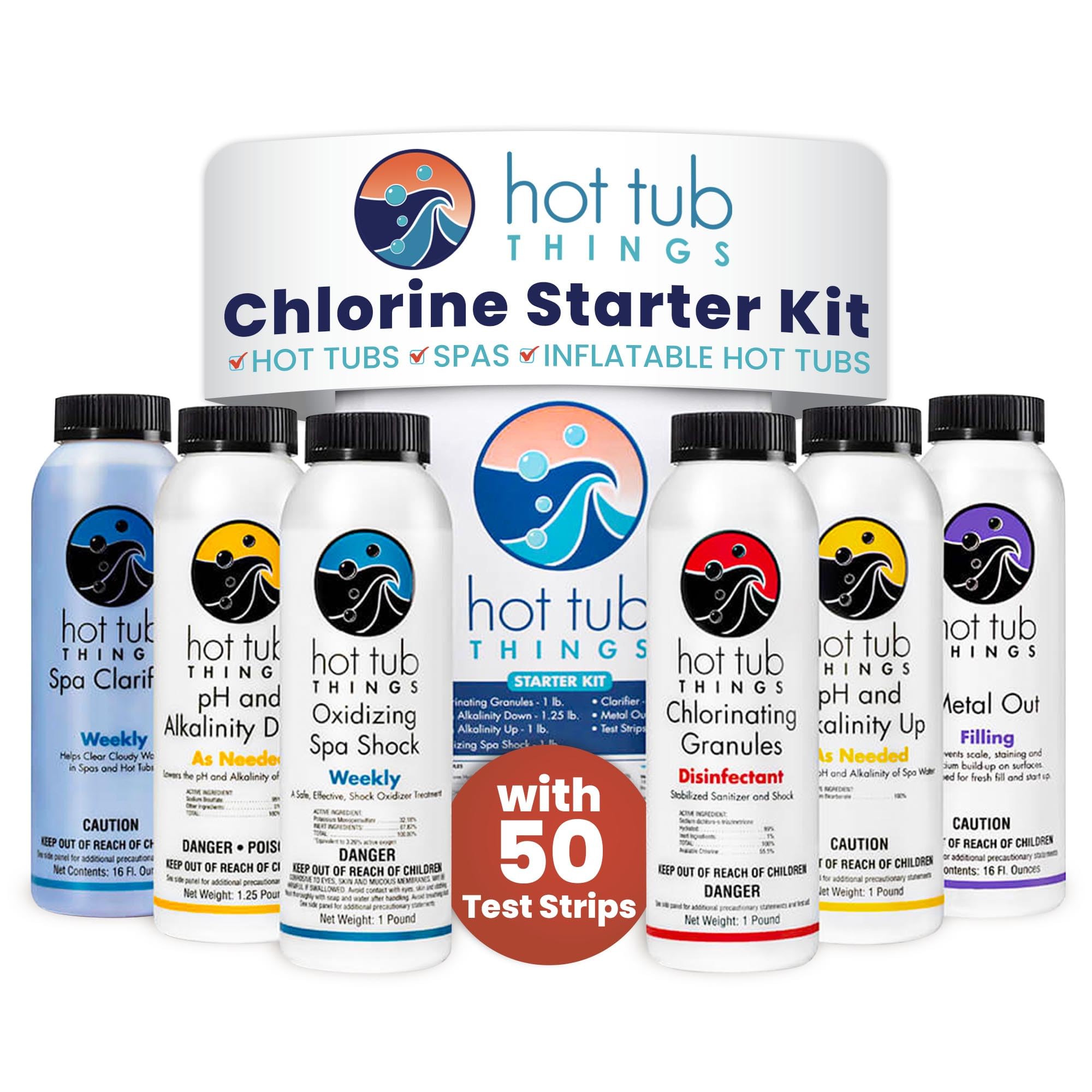Hot Tub Things kit front packaging showing all included items and quick-start benefit