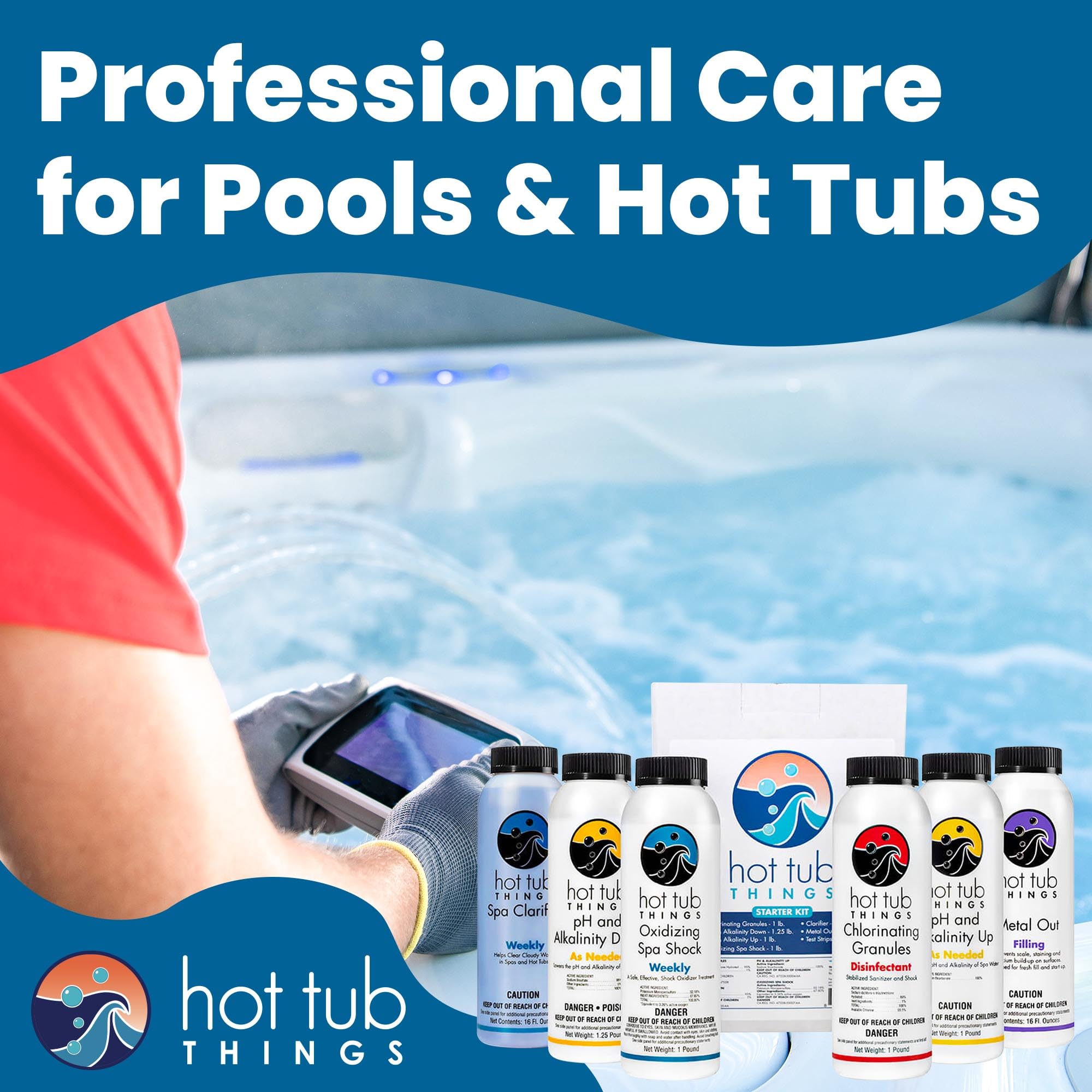 Hot Tub Things kit staged beside a hot tub showing convenient on-site maintenance