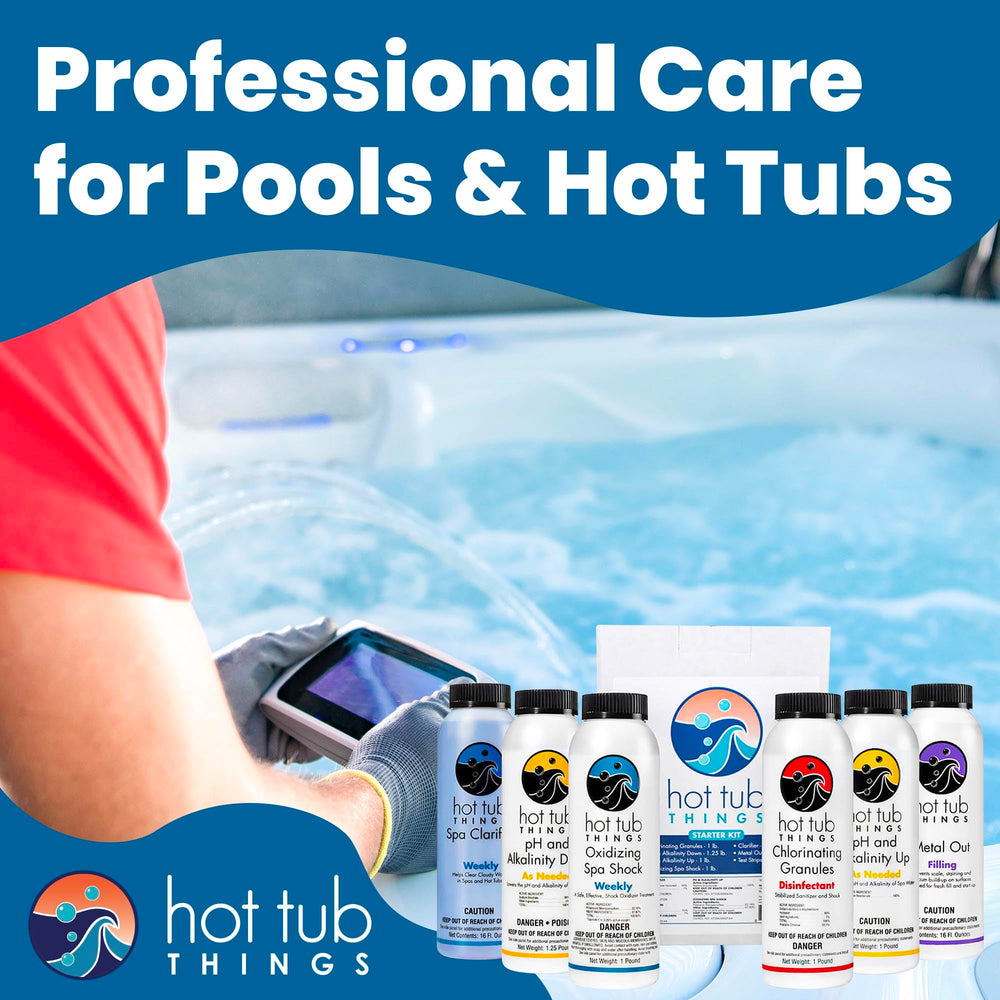Hot Tub Things kit staged beside a hot tub showing convenient on-site maintenance