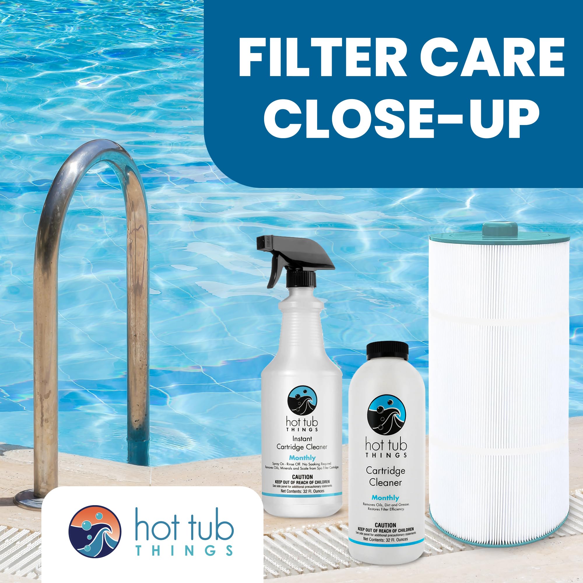 Hot Tub Things filter beside a clean hot tub illustrating clearer water benefit