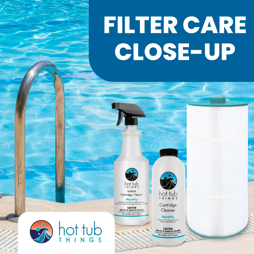 Hot Tub Things filter beside a clean hot tub illustrating clearer water benefit