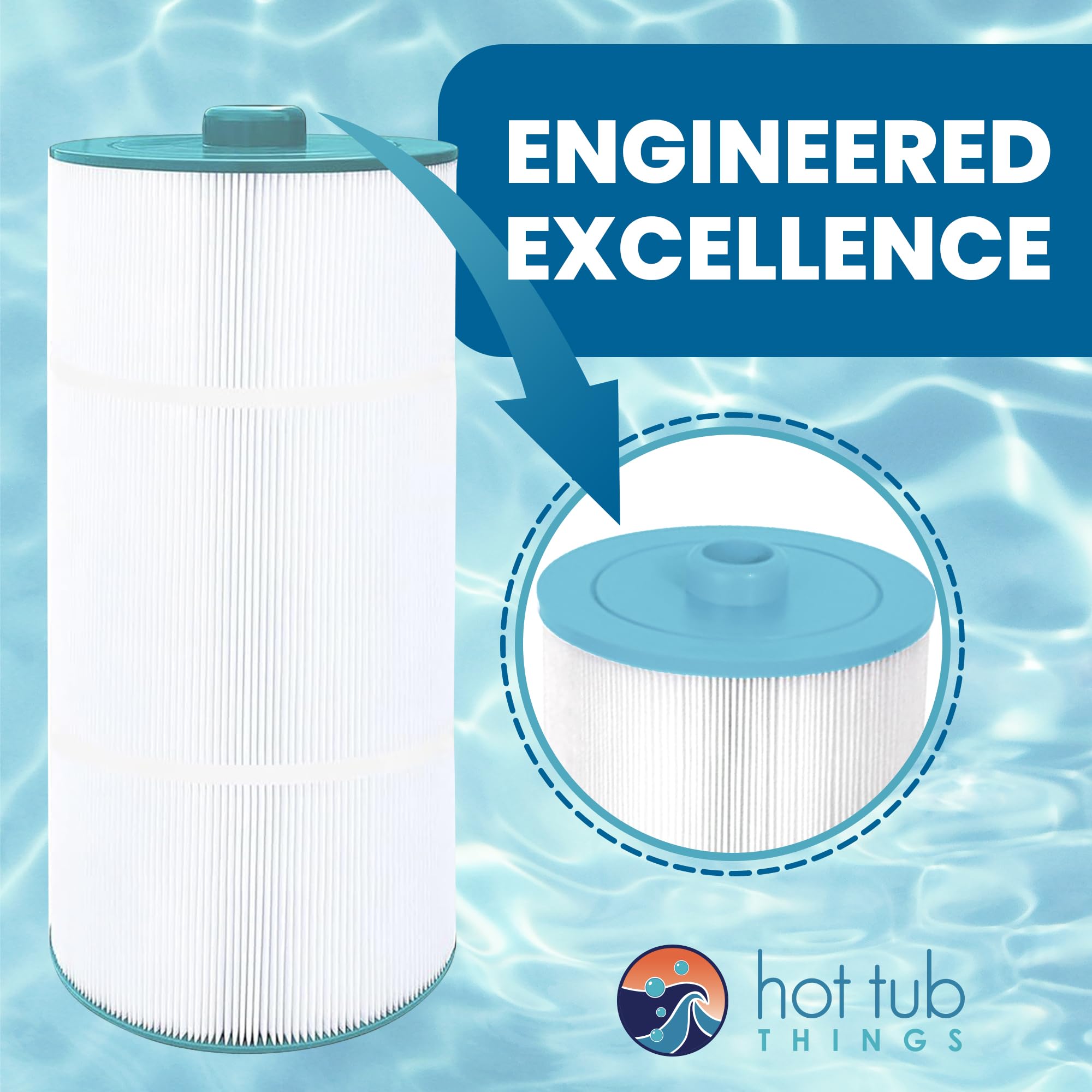 Hot Tub Things packaged cartridge with label showing model compatibility benefit