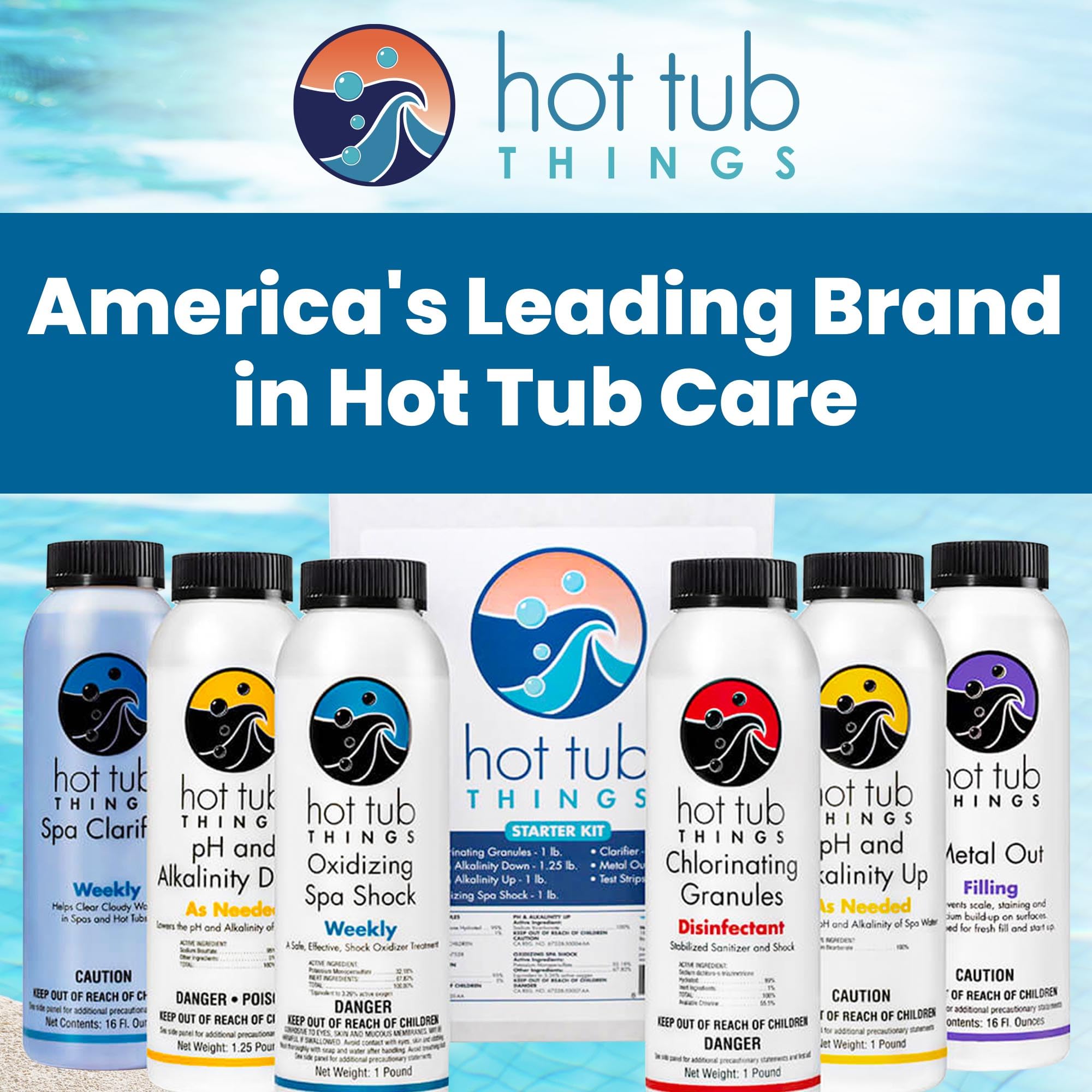 Hot Tub Things pH up and pH down bottles with readable labels for precise water balance