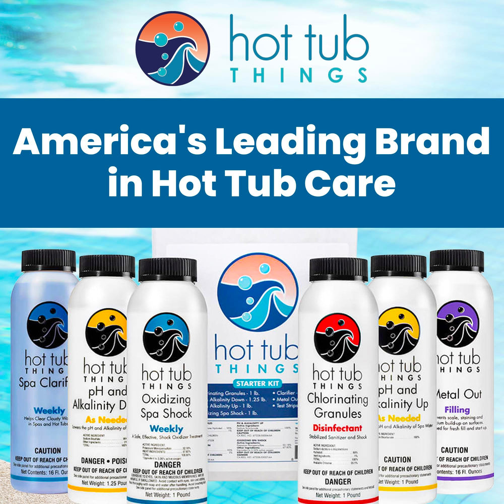 Hot Tub Things pH up and pH down bottles with readable labels for precise water balance