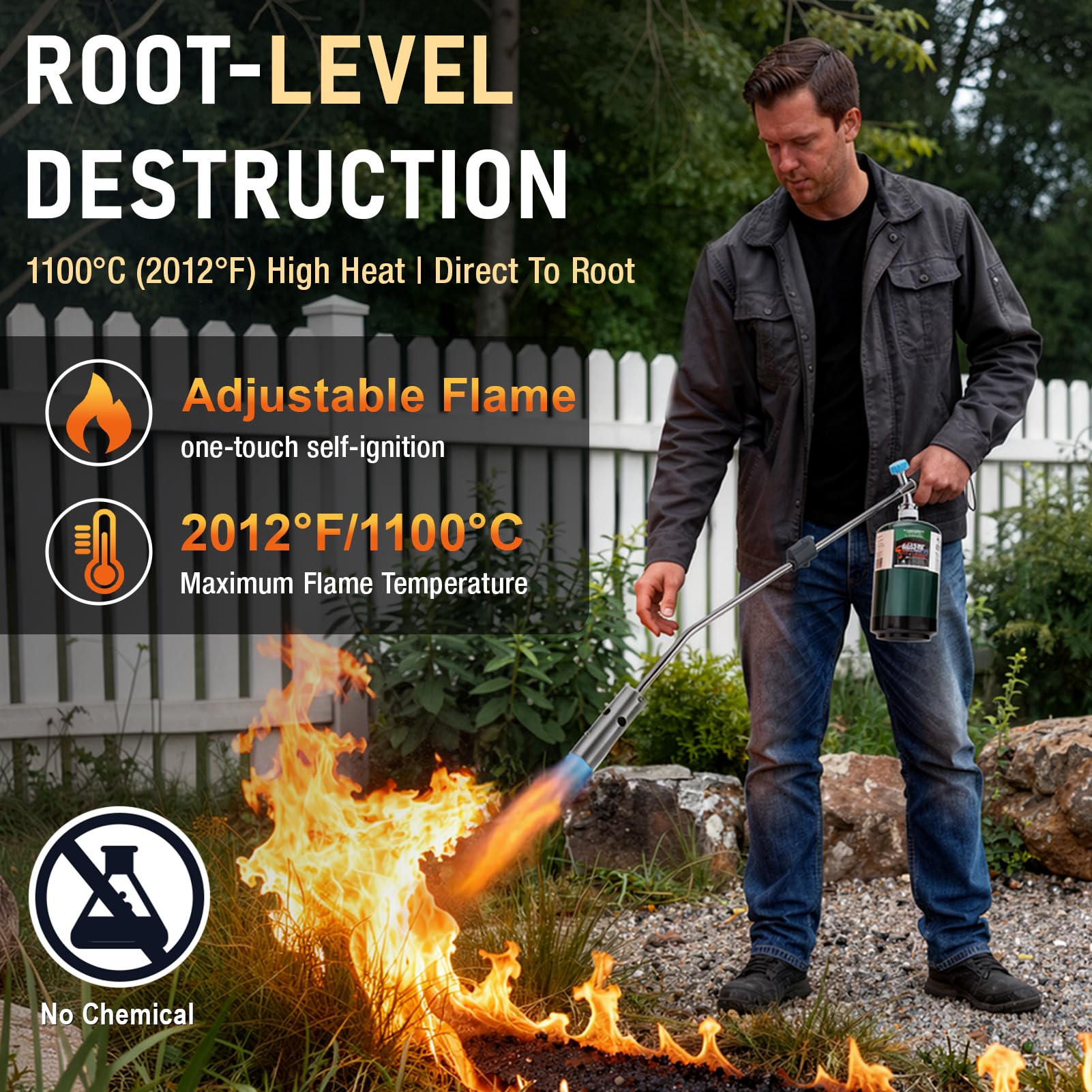 Hotdevil close-up of nozzle and flame delivering concentrated high heat for weeds