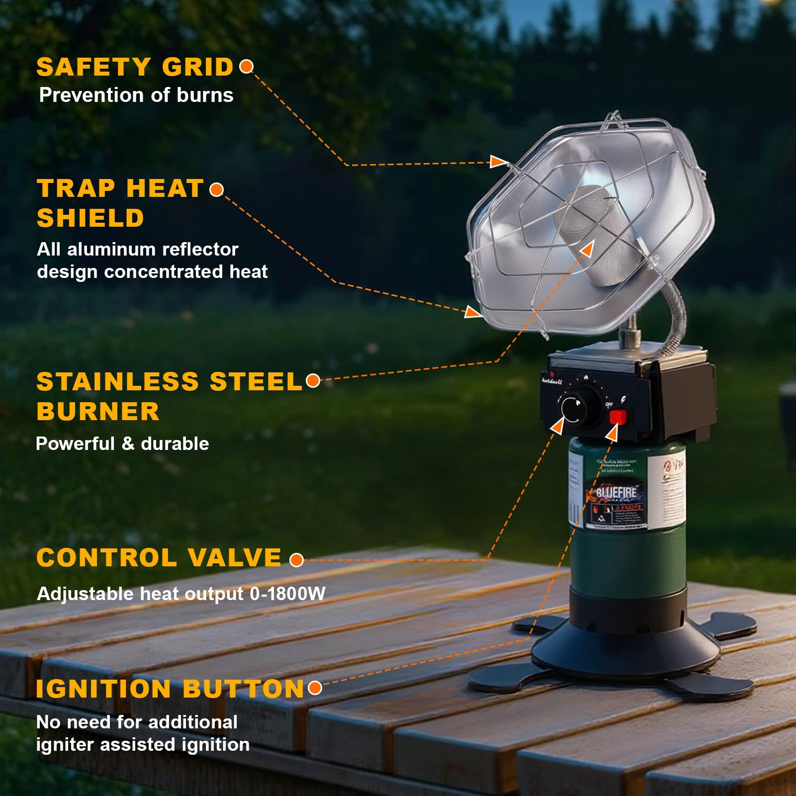 Hotdevil heater in camping scene providing portable cozy heat