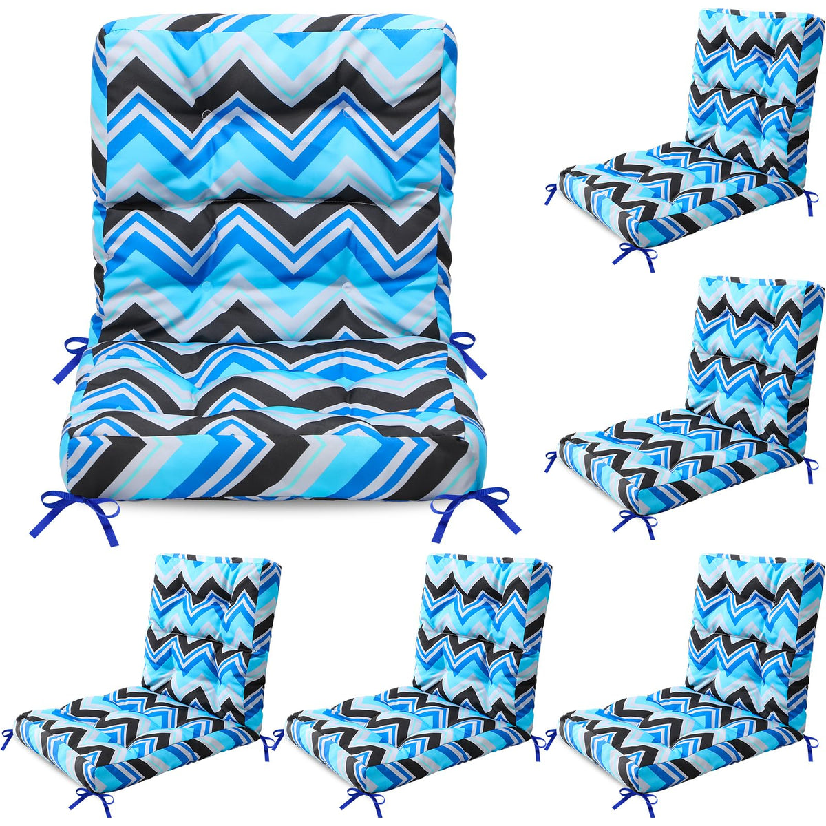 Hoteam front view of six dark blue geometric cushions showing coordinated set and convenience