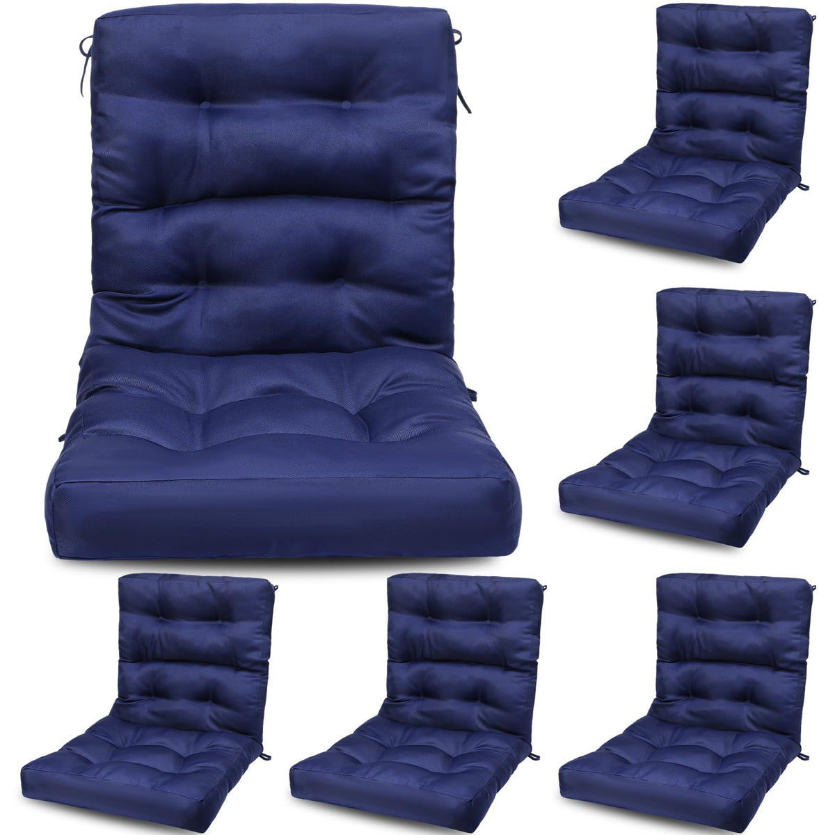 Hoteam front view of six navy cushions showing package and color, great for quick seating upgrade