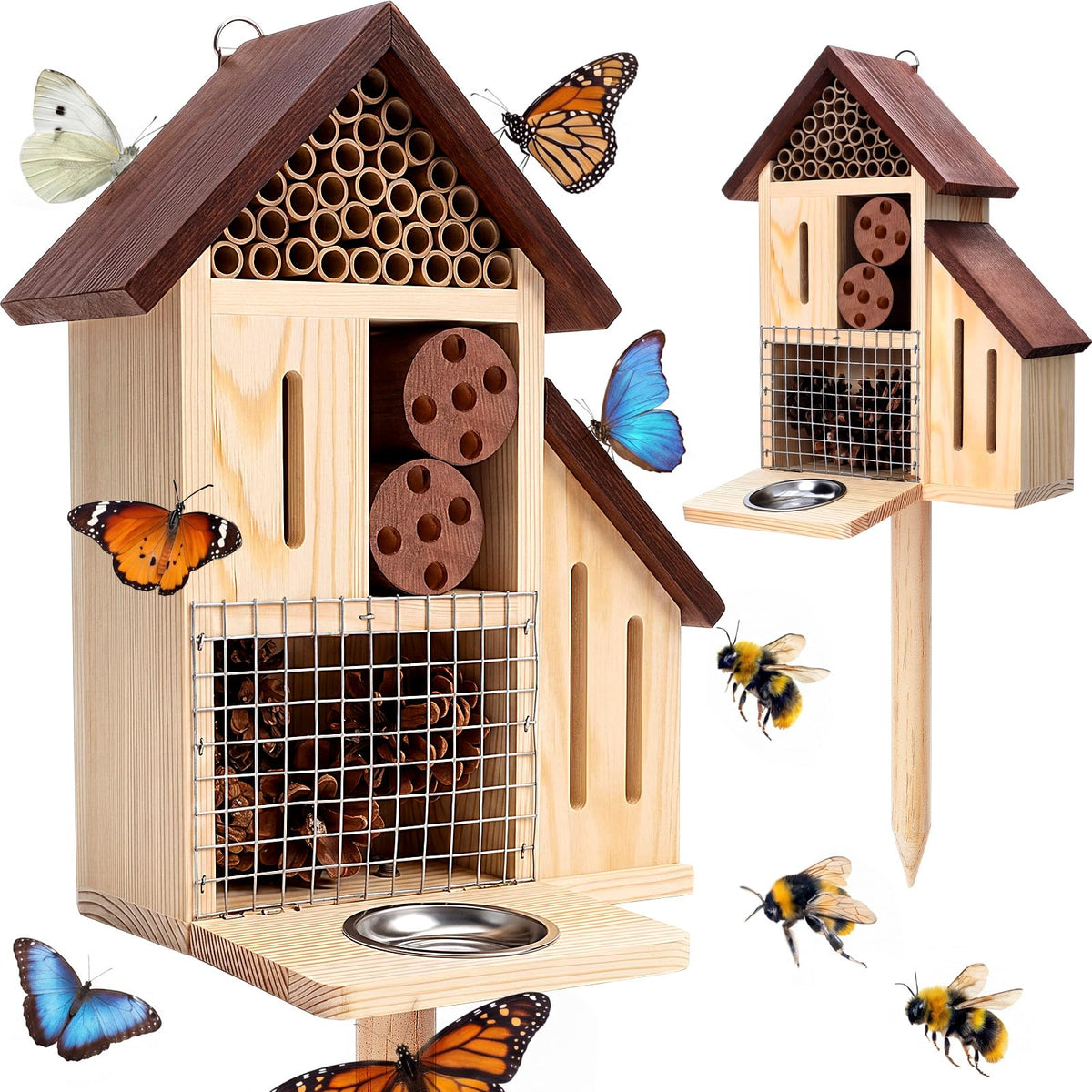 Hoteam front view of insect hotel showing compartments and rustic finish, attracts pollinators