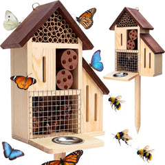 Hoteam front view of insect hotel showing compartments and rustic finish, attracts pollinators