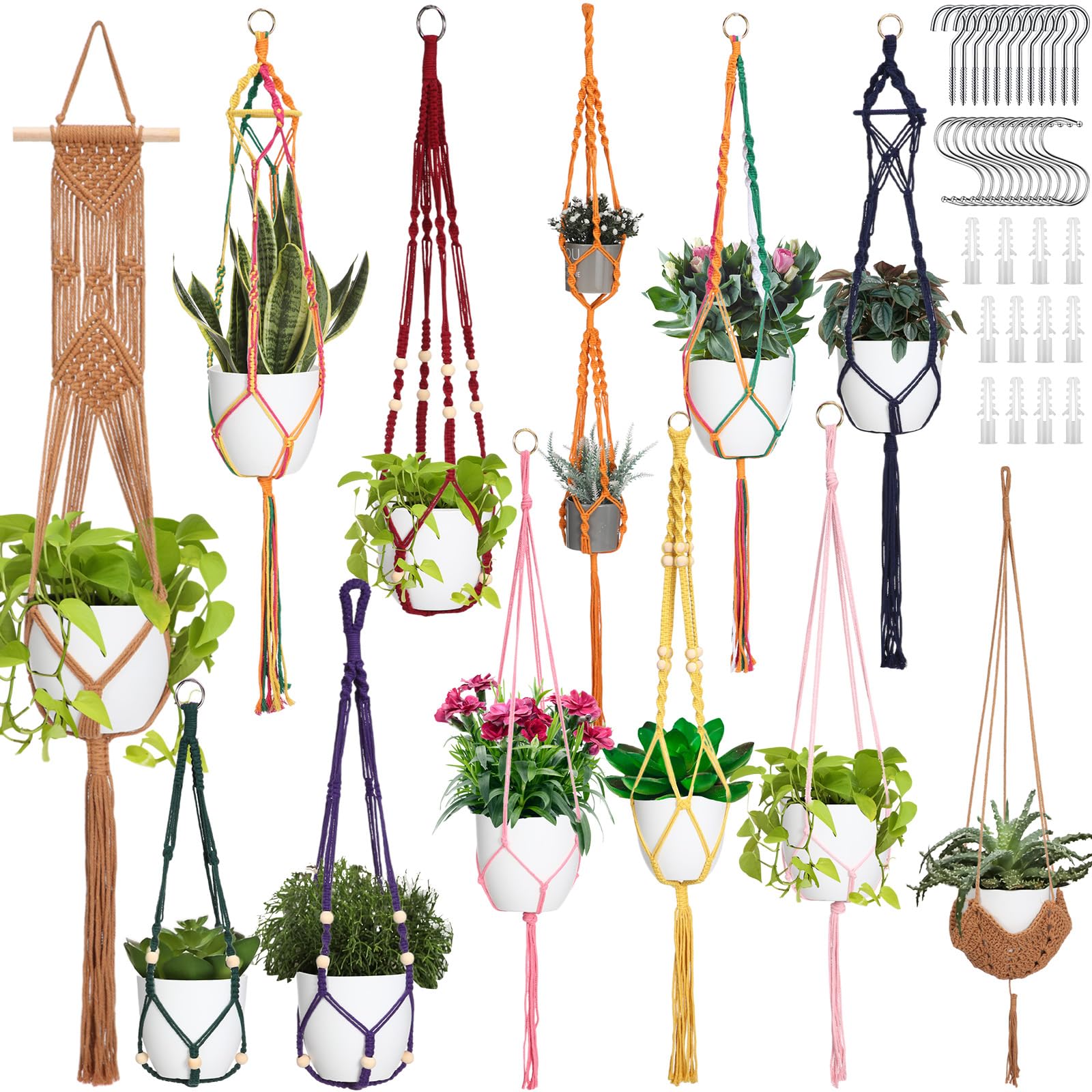 Hoteam front view of 12 multicolor macrame hangers showcasing set and colors