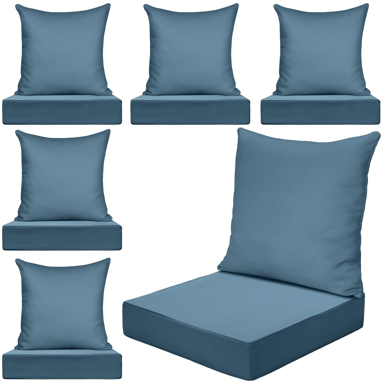 Hoteam front view of six dark-blue cushions showing organized set and cohesive look