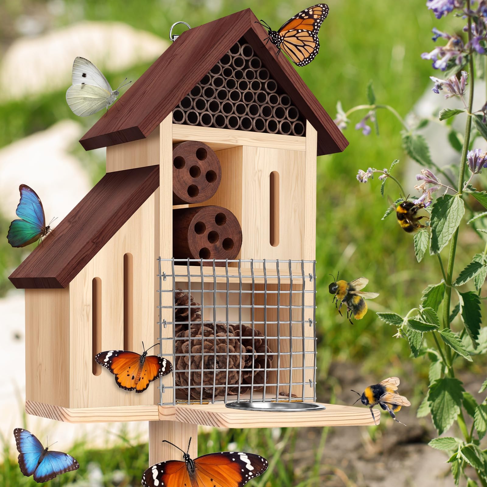Hoteam insect hotel placed in garden near flowers illustrating pollinator-friendly landscaping