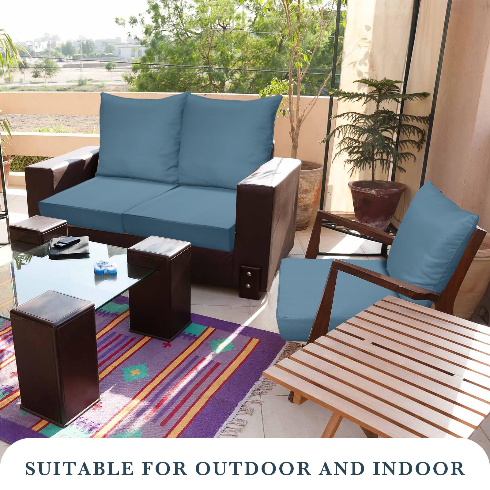 Hoteam lifestyle patio setting with cushions demonstrating coordinated outdoor style