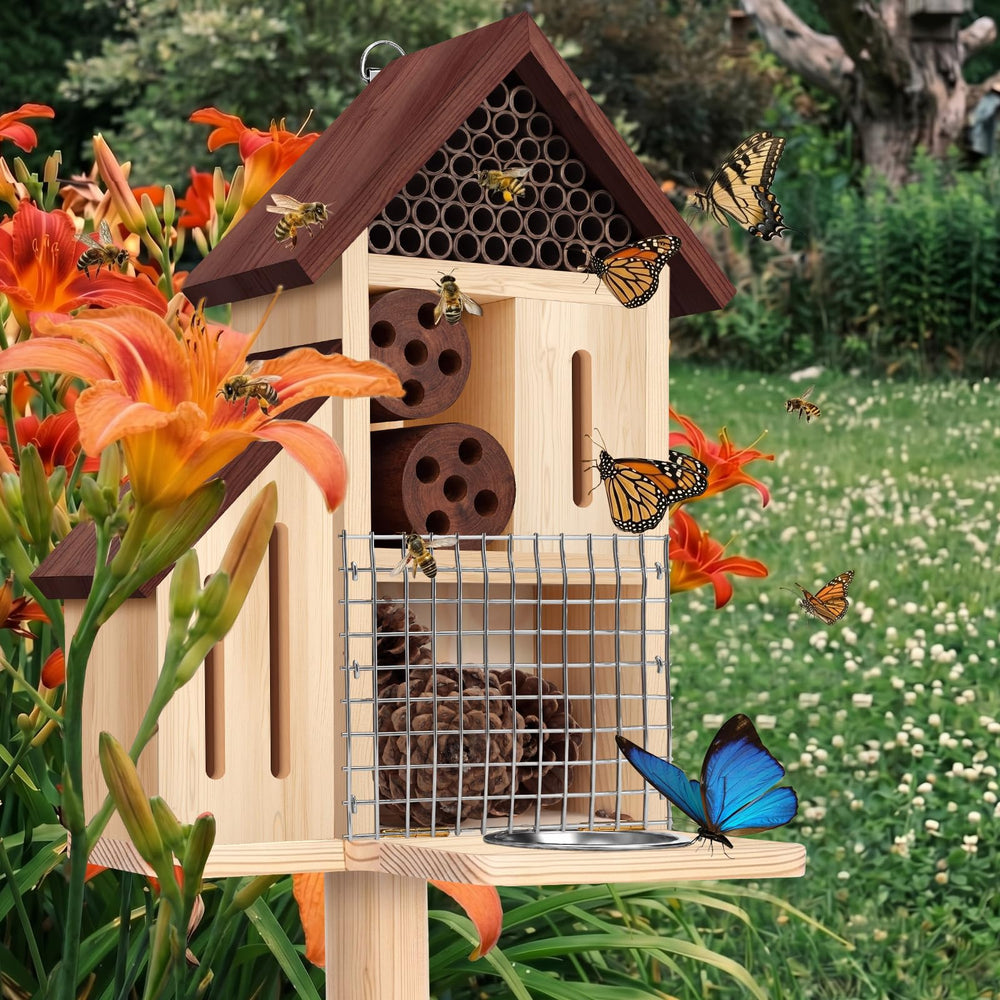 Hoteam insect hotel mounted on stake in flowerbed showing secure ground placement benefit