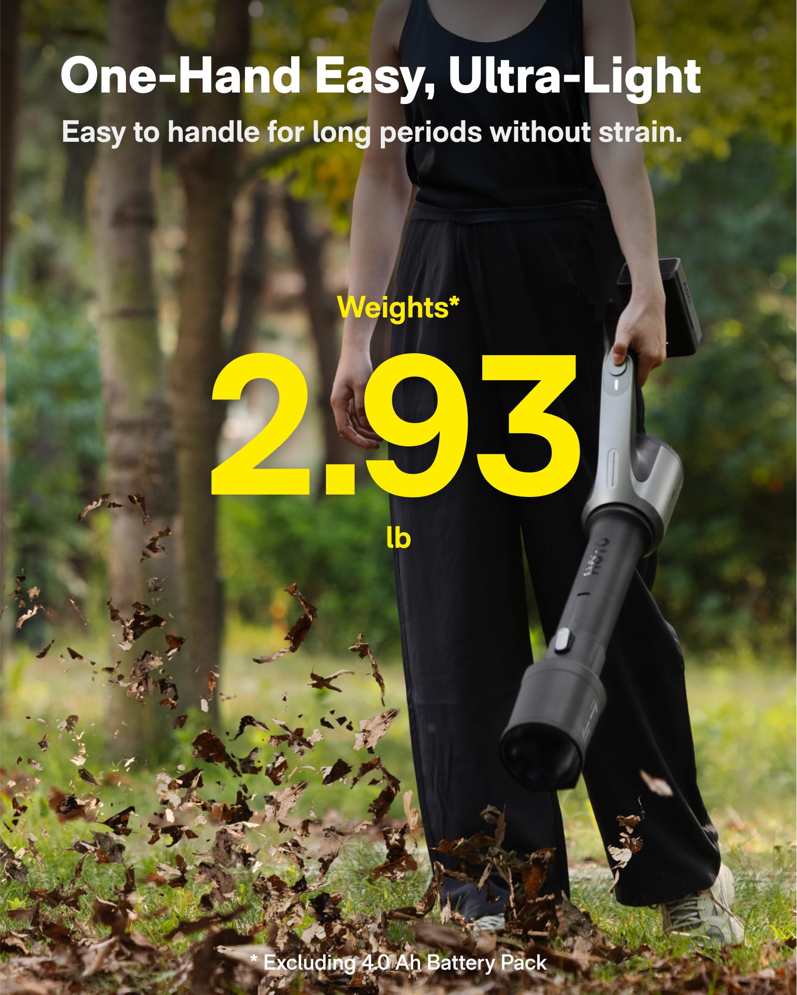 HOTO blowing leaves on lawn illustrating efficient yard cleanup