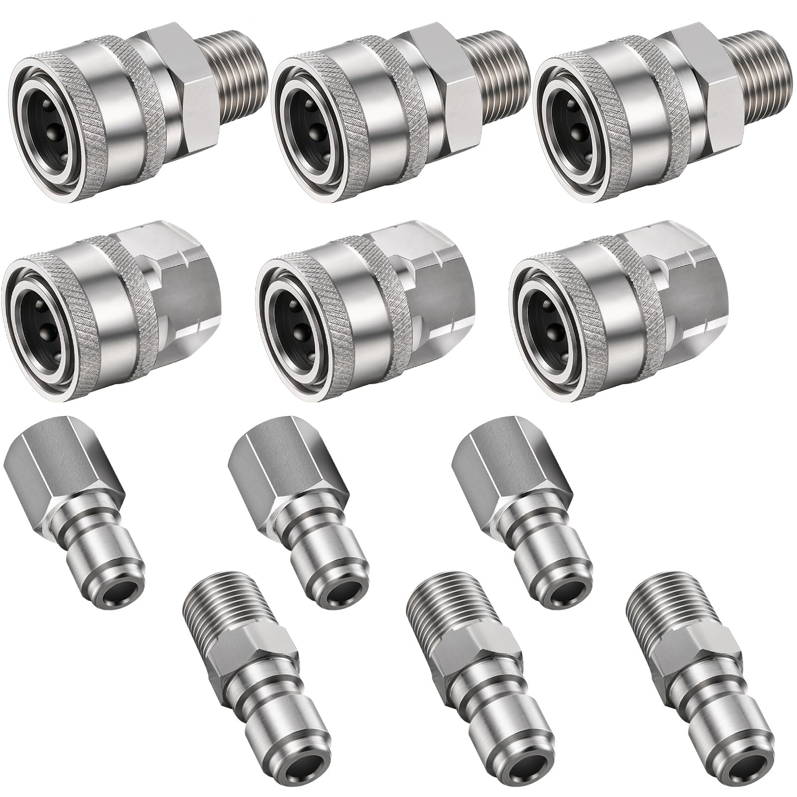 Hotop front view of four 3/8" NPT quick connector adapters, fast hookups