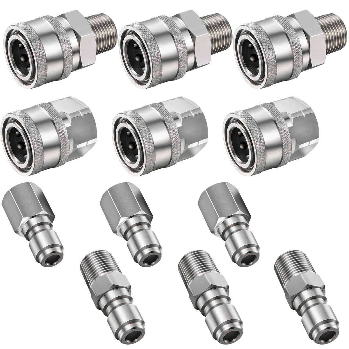 Hotop front view of four 3/8" NPT quick connector adapters, fast hookups