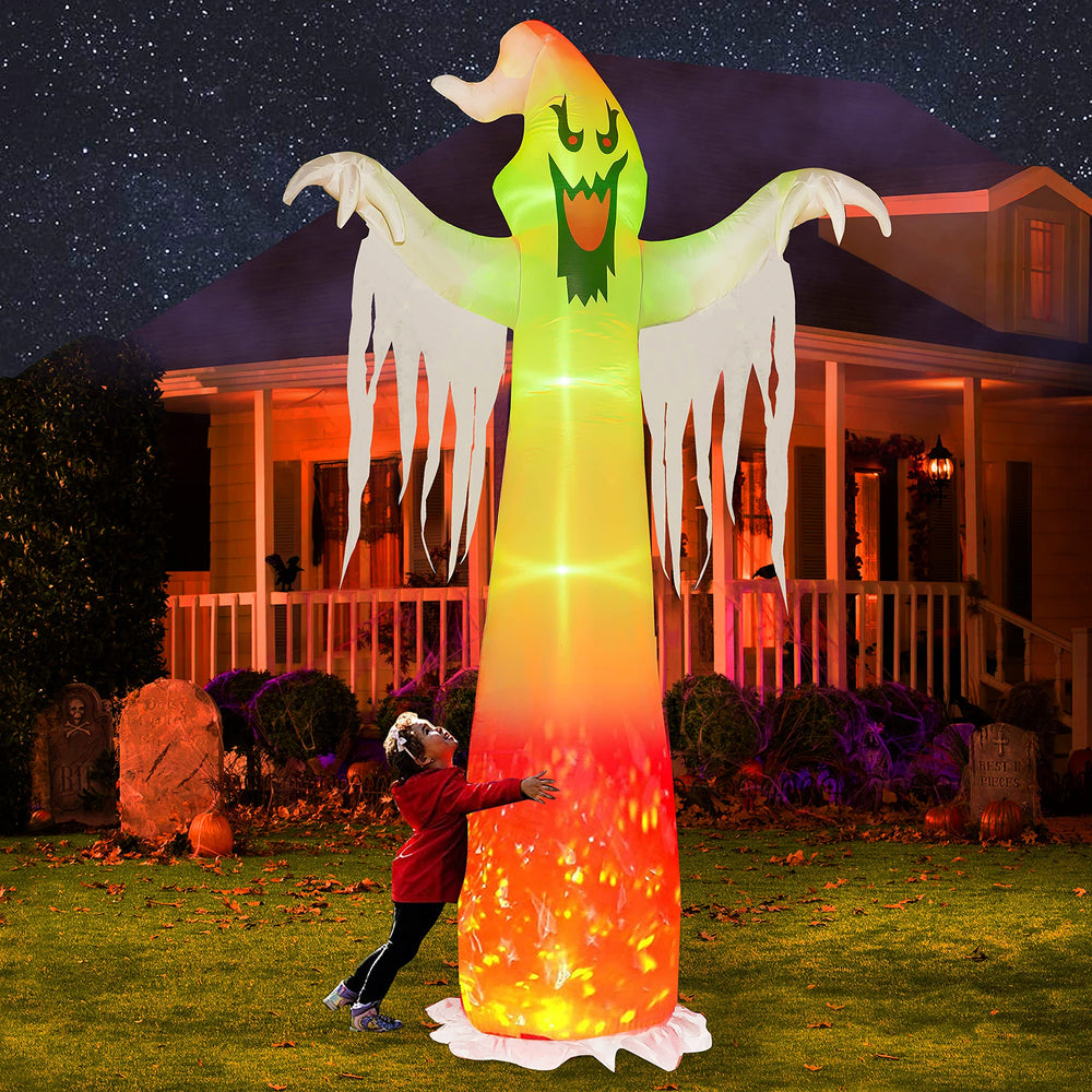 Hourleey front view of 9 ft inflatable ghost showing tall silhouette and visibility