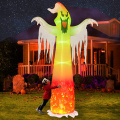 Hourleey front view of 9 ft inflatable ghost showing tall silhouette and visibility