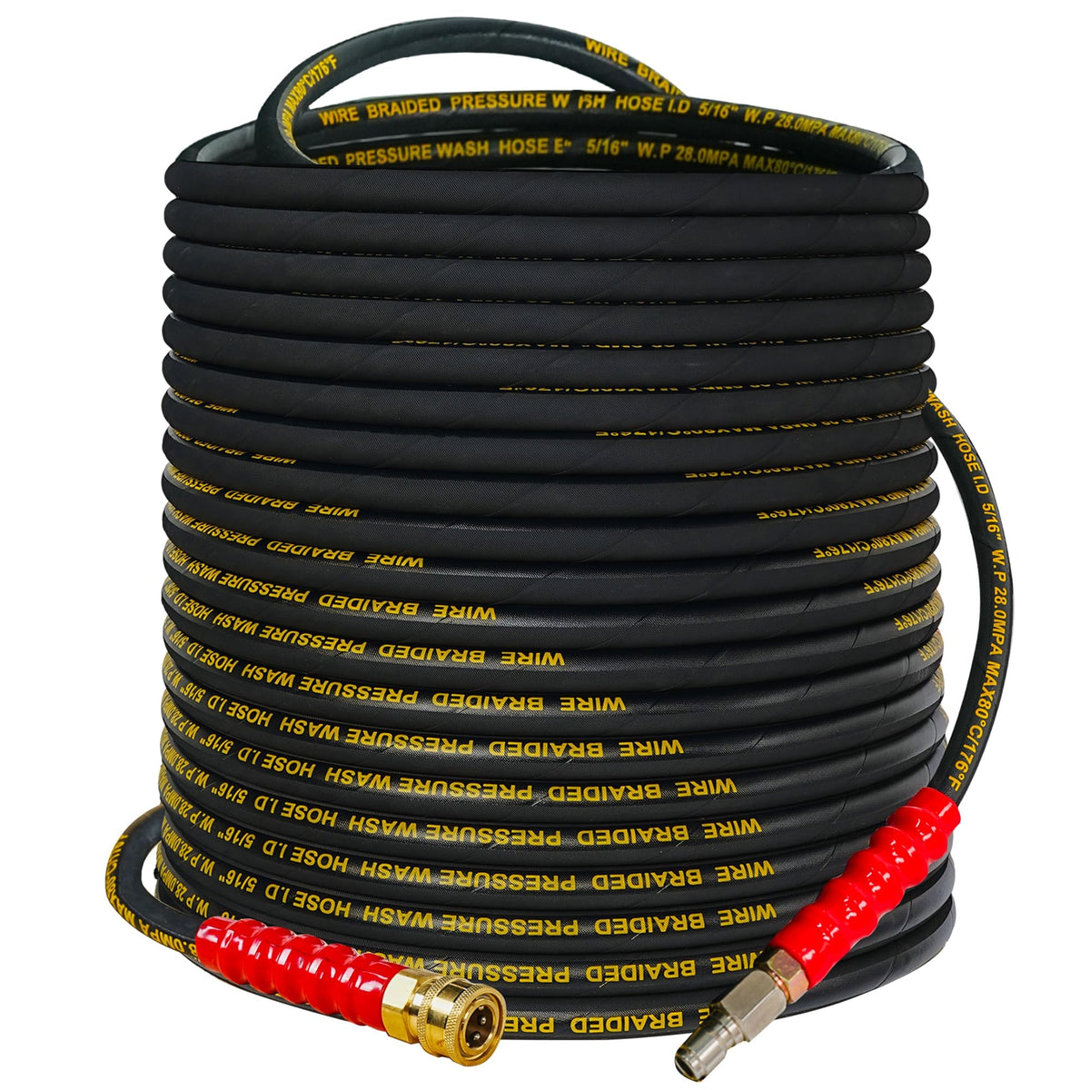Hourleey front view of 100ft pressure washer hose showing length and connectors for reliable reach